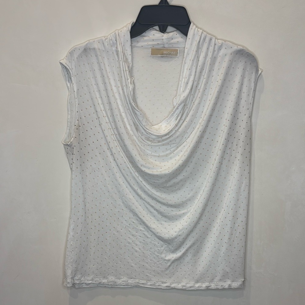 Michael Kors White Pearl Dot Cowl Neck Sleeveless Blouse XL Chic Elegant Designe - Picture 10 of 11